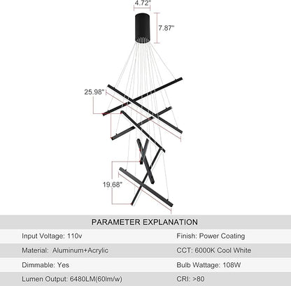 Modern Led Chandelier, High Ceiling Chandelier, Linear Chandelier 8 Lights Black Dimmable Large Pendant Light 98.4" for Living Room Staircase Entry Foyer Lobby Office Duplex 6000K Cool White