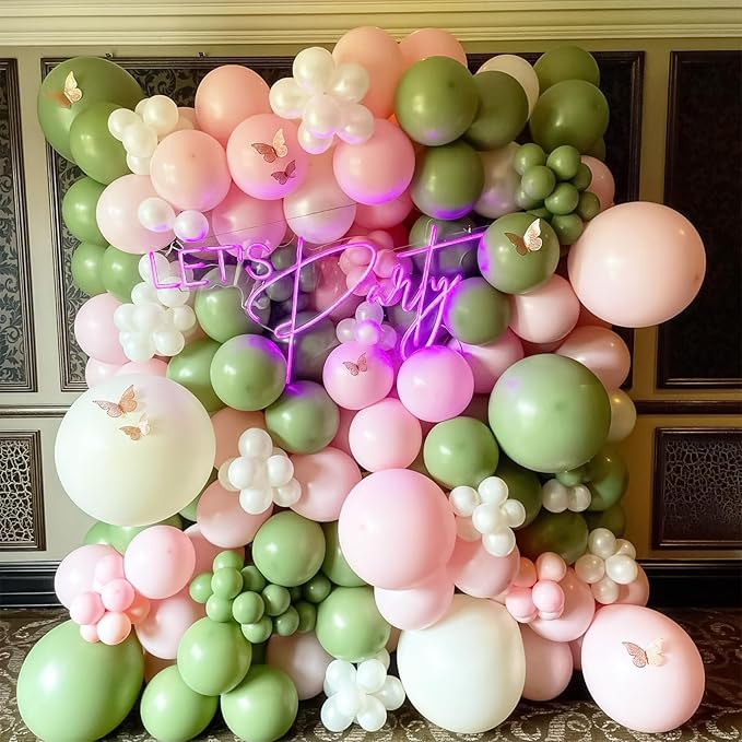 HILAVO Sage Green Pink Balloons 12 Inch Olive Green Pastel Pink Ivory Metallic Gold Latex Balloon for Boho Baby in Bloom Fairy Floral Wildflower Tea Safari Jungle Baby Shower Birthday Party Decoration