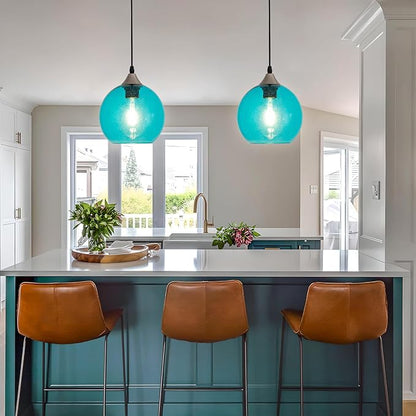 Blue Teardrop Glass Pendant Light Raindrop Bubble Shade Plug in Dimmable Hanging Fixture 16.4 Ft Cord E26 Base for Bedroom Office Coastal Spa Like Atmosphere （Bulb not Included）