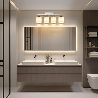PARTPHONER Bathroom Light Fixtures, Bathroom Lighting Fixtures Over Mirror, Classic Vanity Lights, Modern Vanity Light with Textured Frosted Opal White Glass Shades, Brushed Nickel, 4-Light