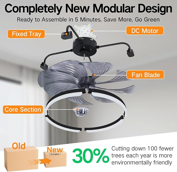 OUTON 24" Ceiling Fan with Light, Remote & App Control, Fandelier Low Profile Flush Mount Ceiling Fan with 3000K-6500K Stepless Dimmable, 6 Speed, Quiet DC Motor, Modern Ceiling Fans for Bedroom Black