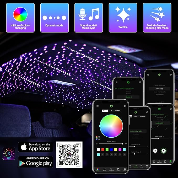 AMKI Mini 6W 500pcs 0.03in 9.8ft Twinkle Starlight Headliner Kit+180pcs Meteor Shooting Star Pure White,Sound Activated Fiber Optic Starlight Box APP/Remote Control for Car Home Star Ceiling Decor
