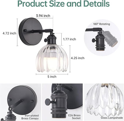 Shenmoyl Vintage Battery Operated Wall Sconce with Transparent Tulip Glass Lampshade Rechargeable Battery Powered Black Wall Light with Remote Control for Bedside Bedroom Doorway