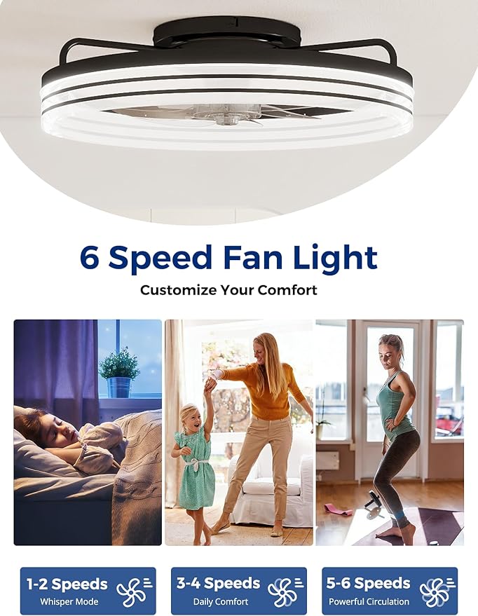 20-Inch Low Profile Ceiling Fan with Lights and Remote Control, Black Modern Flush Mount LED Ceiling Fan, Quiet Fandelier with 6 Wind Speeds, 3000K–6500K Dimmable Lighting for Bedroom