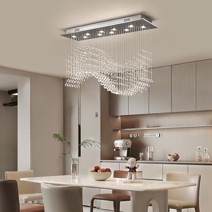 Siljoy Modern Wave Crystal Chandelier for Dining Room 10 Lights Luxury Rectangular Flush Mount Crystal Ceiling Light for Living Room Kitchen Island Length 40 Inch