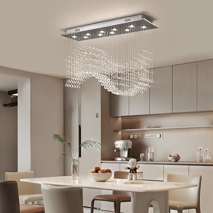 Siljoy Modern Wave Crystal Chandelier for Dining Room 10 Lights Luxury Rectangular Flush Mount Crystal Ceiling Light for Living Room Kitchen Island Length 40 Inch