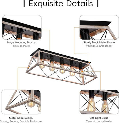 31.5" Large Flush Mount Ceiling Light Fixture, X-Shaped Metal Cage Design, Dimmable 5-Light Close to Ceiling, Farmhouse & Vintage Industrial Style, for Dining Room, Kitchen Island, Living Room