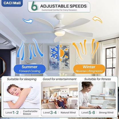 CACI Mall 52 inch Smart Ceiling Fan with Lights, Remote Control, Compatible with Alexa/Google/App, 5 Blades, Dimmable Lighting, Quiet, Indoor/Outdoor Ceiling Fans for Living Room, Bedroom, Patios