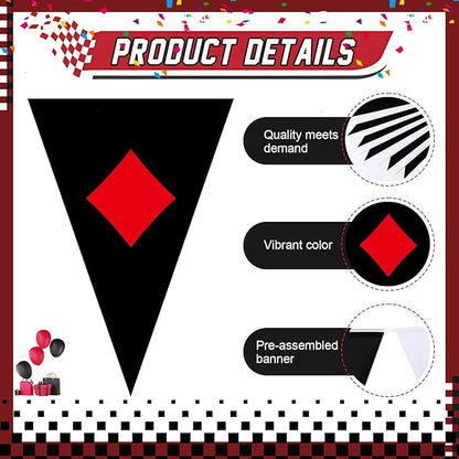 HESTYA 5 Pcs 49 Ft Casino Party Decorations Pennant Banner, Vegas Triangle Flags Garland, Poker Night Bunting with Playing Card Suits, Pre-Strung Paper for Birthday, Casino Night, Blackjack Decor