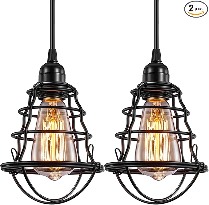 Industrial Pendant Light INNOCCY Edison Hanging Cage Pendant Lights E26 E27 Base Vintage Adjustable Pendant Lamp Fixture for Kitchen Home Lighting 2 Pack