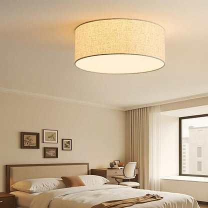 16-Inch Flush Mount Ceiling Light Fixture with Linen Fabric Shade, Modern Drum Light Fixture 3-Light Bedroom Lights for Ceiling, Farmhouse for Living Room, Dining Room, Kitchen, Entrance
