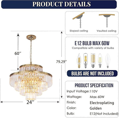 Gold Modern Crystal Chandelier Pendant Ceiling Lights Chandeliers Lighting Fixture for Dining Living Room Foyer Hallway 12-Lights (Dia 24 Inch)