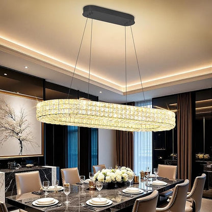 ykolupty Modern Crystal Chandelier, Dia 40" Rectangular Chandelier for Dining Room,Black Rectangle Crystal Ceiling Light Luxury Oval Chandeliers for Living Room Kitchen Island