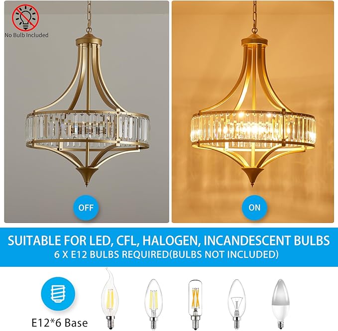 XINGQI Modern 6-Light Gold Crystal Chandelier 21.6" Farmhouse Large Round Pendant Lightting Fixture for Dining Room Living Room Kitchen Island Bedroom