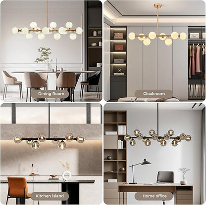Grey Linear Chandelier, Modern Sputnik Ceiling Fixture with Adjustable Height & Dimmable Glass Shades for Dining Room, Office, Mid-Century Design