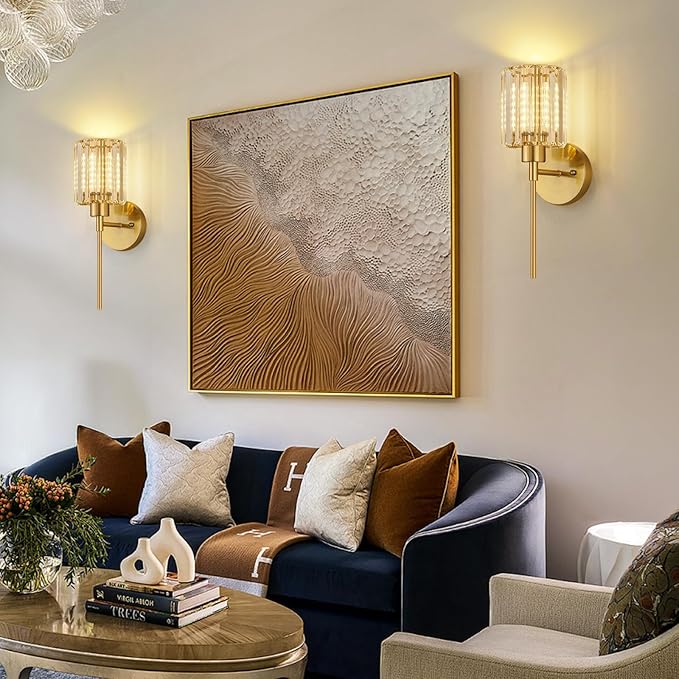 Crystal Battery Operated Wall Sconces, Brushed Gold Rechargeable Wireless Wall Sconce Lights with Dimmable Bulbs and Remote, 12 Colors and 3CCT Dimmable Crystal Lamps for Living Bedroom, 3000~6000K