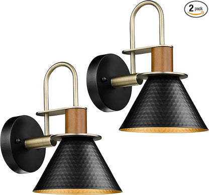 Modern Wall Sconces Set of Two, HWH Industrial Sconce Wall Lighting Indoor Wall Lamp, 1-Light Barn Vanity Light, Hammered Metal Shade, Black and Gold Finish, 5HZG74B-2 BK+BG