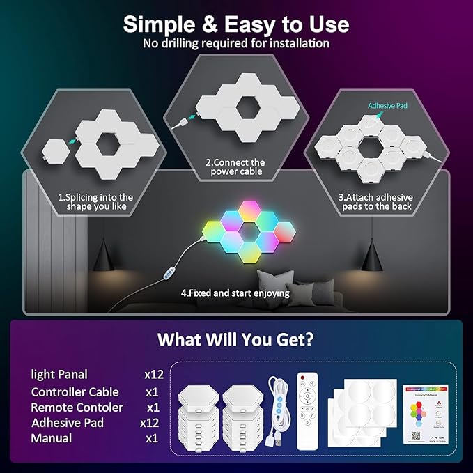 Kangtaixin Hexagon LED Lights 12 Pack - RGB Wall Panels with Music Sync, Smart App & Remote Control, DIY Modular Hex Light for Gaming Room, Bedroom, Living Room, Wall Decor