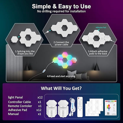 Kangtaixin Hexagon LED Lights 12 Pack - RGB Wall Panels with Music Sync, Smart App & Remote Control, DIY Modular Hex Light for Gaming Room, Bedroom, Living Room, Wall Decor