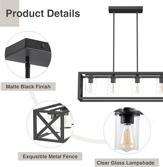 Farmhouse Dining Room Light Fixture - 4 Light Kitchen Island Lighting with Adjustable Height & Thickened Metal Dining Room Light Fixture Over Table，Chandeliers for Dining Room&Kitchen Island