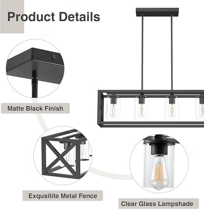 Farmhouse Dining Room Light Fixture - 4 Light Kitchen Island Lighting with Adjustable Height & Thickened Metal Dining Room Light Fixture Over Table，Chandeliers for Dining Room&Kitchen Island