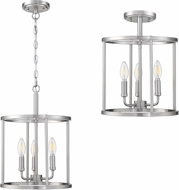 3-Light Hanging Lantern Pendant Light Fixture Brushed Nickel Finish Geometric Chandelier Adjustable Chain Metal Cage Pendant Lighting for Kitchen Island Dining Room Foyer