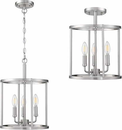 3-Light Hanging Lantern Pendant Light Fixture Brushed Nickel Finish Geometric Chandelier Adjustable Chain Metal Cage Pendant Lighting for Kitchen Island Dining Room Foyer