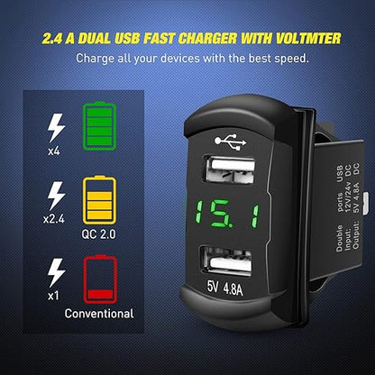 Nilight 5 Gang Rocker Switch Panel Green Backlit with 4.8 Amp Dual USB Charger Voltmeter Waterproof 12V 24V DC Night Glow Stickers for Car Trucks Boats RVs