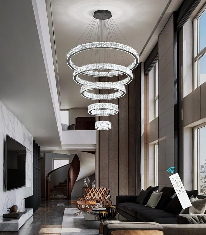 Modern High Ceiling Crystal Chandelier 90W Dimmable LED Chandeliers with Remote Luxury Height Adjustable Large Lighting Fixtures for Living Room Staircase Foyer Black
