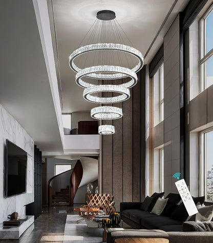 Modern High Ceiling Crystal Chandelier 90W Dimmable LED Chandeliers with Remote Luxury Height Adjustable Large Lighting Fixtures for Living Room Staircase Foyer Black