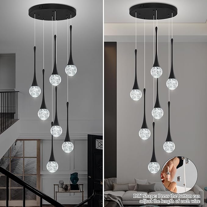 Modern Black Crystal Chandelier for Kitchen Island 7-Lights, Luxury Spiral Dimmable LED Bubble Raindrop Pendant Lighting Fixture for Dining Room Foyer Entryway Bedroom