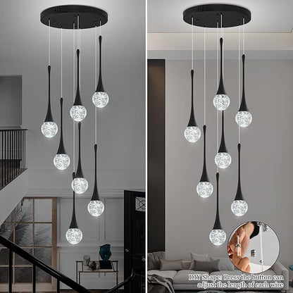 Modern Black Crystal Chandelier for Kitchen Island 7-Lights, Luxury Spiral Dimmable LED Bubble Raindrop Pendant Lighting Fixture for Dining Room Foyer Entryway Bedroom