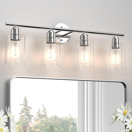 Bathroom Vanity Light Fixtures Polished Chrome,4 Lights Rustic Farmhouse Vanity Bar Lighting Over Mirror Modern Industrial Wall Sconces Lamp with Cylinder Glass Shade