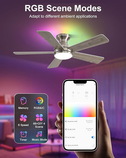 42 Inch Ceiling Fans with Lights, Smart Ceiling Fan with Alexa Google App, Nickel Ceiling Fan with RGB Lights Remote, 6 Speeds Reversible DC Motor, Modern Flush Mount for Bedroom Living Room