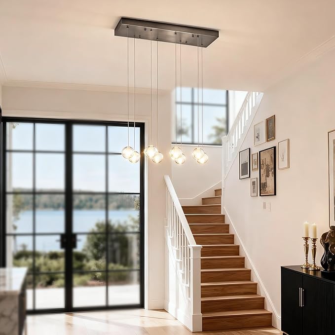 8 Lights Nickel Raindrop Rectangle Chandelier, Modern Bubble Crystal Chandelier for Dining Room, Large Pendant Light for High Ceilings Staircase Foyer Entryway Living Room Kitchen Island