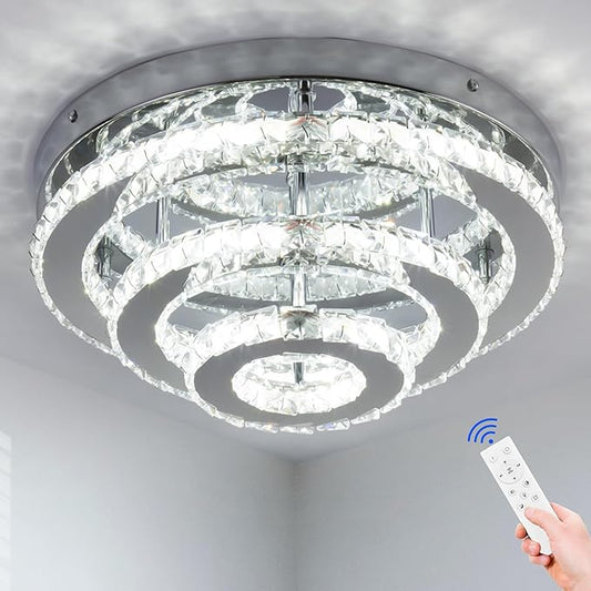13.8 Inch Modern Crystal Chandeliers LED Crystal Ceiling Light 3 Tiers Ring Flush Mount Chandelier Ceiling Lights with Remote for Bedroom Living Room Kitchen Dimmable