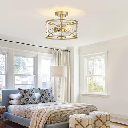 2-Light Semi Flush Mount Matte Gold Ceiling Light Fixture, Farmhouse Industrial Metal Cage with Adjustable Height, Dimmable for Hallway Entryway Kitchen Bedroom Foyer Laundry Low Ceiling