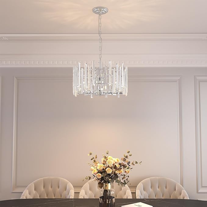 Chrome Crystal Chandeliers for Dining Room, 20" Modern Raindrop Round Pendant Ceiling Lights Fixture Living Room Entryway Bedroom 8 Light
