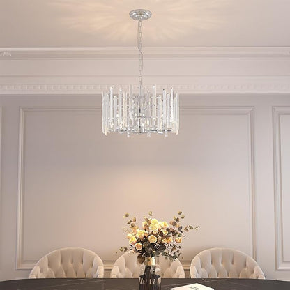 Chrome Crystal Chandeliers for Dining Room, 20" Modern Raindrop Round Pendant Ceiling Lights Fixture Living Room Entryway Bedroom 8 Light