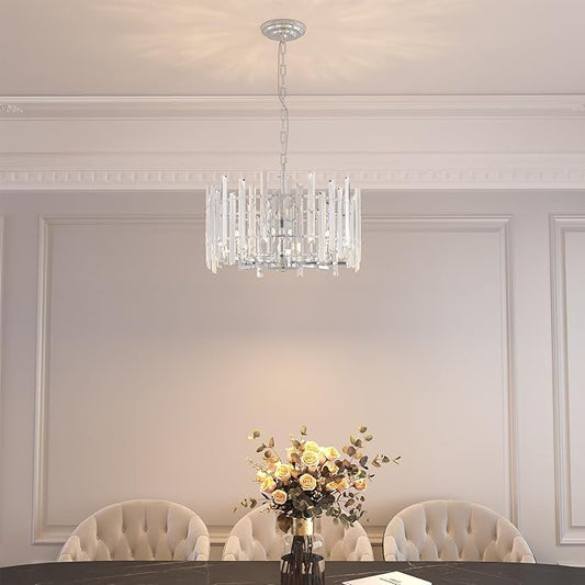 Chrome Crystal Chandeliers for Dining Room, 20" Modern Raindrop Round Pendant Ceiling Lights Fixture Living Room Entryway Bedroom 8 Light