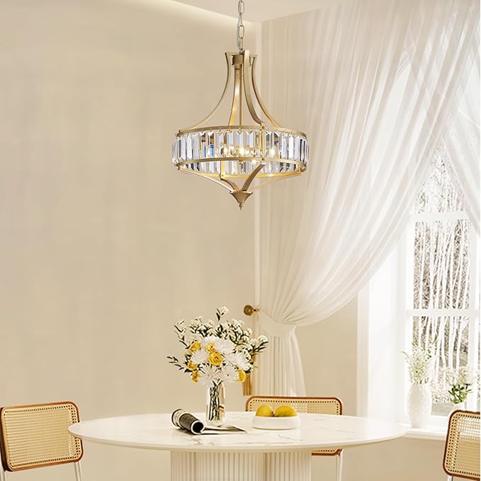 Modern Gold Crystal Chandeliers for Dining Room Pendant 4-Light Rustic Farmhouse Chandelier with Round Metal Lampshade for Living Room Kitchen Island Hallway Bedroom Foyer