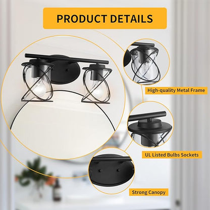 mavcadonf 2-Lights Vanity Lights, Bathroom Light Fixtures Over Mirror, Matte Black Vanity Light, Farmhouse Wall Lights with Clear Glass Shade, Bathroom Wall Lamp for Mirror Kitchen Bedroom