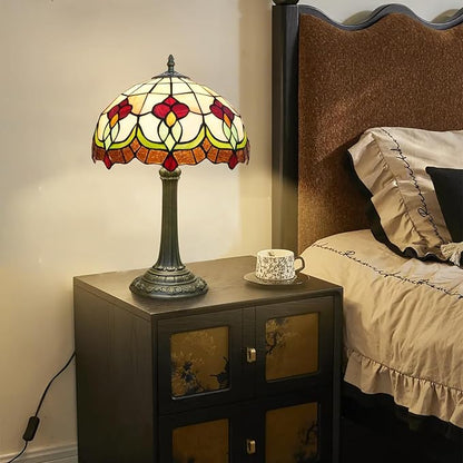 Red Tuilp Tiffany Lamp Stained Glass Table Lamps Antique Vintage Style Bedside Nightstand Nightstand Decor Living Room Bedroom Office Home Retro Bar Hotel 12 Inch Unique Reading Desk Lamps