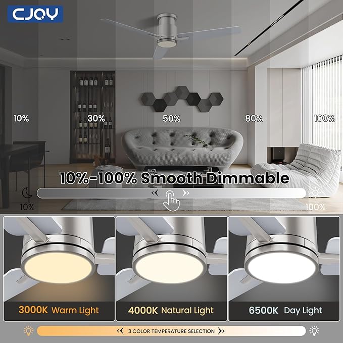 CJOY 52" Low Profile Ceiling Fan with Light and Remote, Brushed Nickel Ceiling Fans, 6 Speed Reversible DC Motor, 3CCT Dimmable LED- Flush Mount Design for Bedroom, Living Room & Covered Outdoor