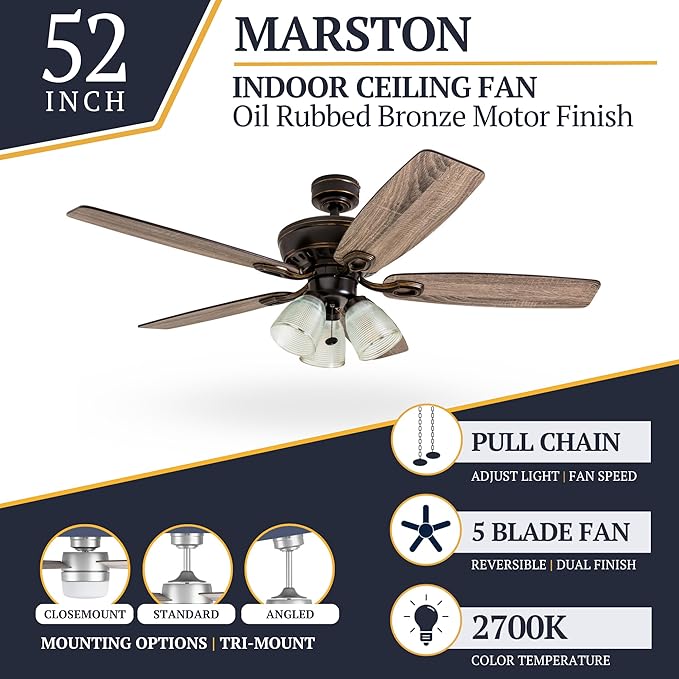 Prominence Home Marston, 52 Inch Traditional Indoor LED Ceiling Fan with Light, Pull Chain, Three Mounting Options, 5 Dual Finish Blades, Reversible Motor - 51017-01 (Oil Rubbed Bronze)
