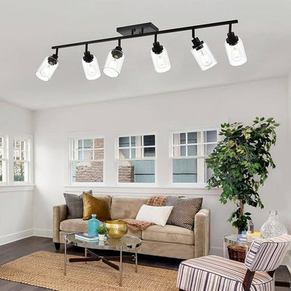 MELUCEE Ceiling Track Lighting Kits 6 Light Bathroom Light Fixtures Wall Mount with Flexibly Rotatable Light Head, Modern Black Spotlights with Clear Glass Shade, 45.3 Inch