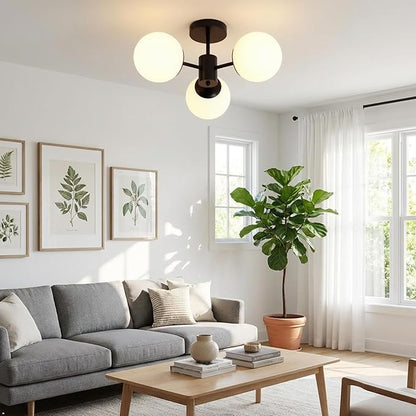 Black Semi Flush Mount Ceiling Light Mid Century Modern Globe Ceiling Light 3 Lights Milk Glass Sputnik Flush Mount Chandelier for Bedroom Dinning Room Foyer Hallway