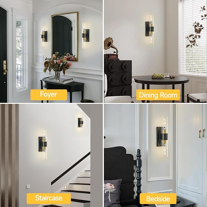 19" Black and Gold Wall Sconces Set of Two,Modern Bathroom Light Fixtures,2-Light Vanity Lights for Mirror,Indoor Wall Lamp Wall Mount Hardwired Light for Bedroom with Clear Glass E26 Base
