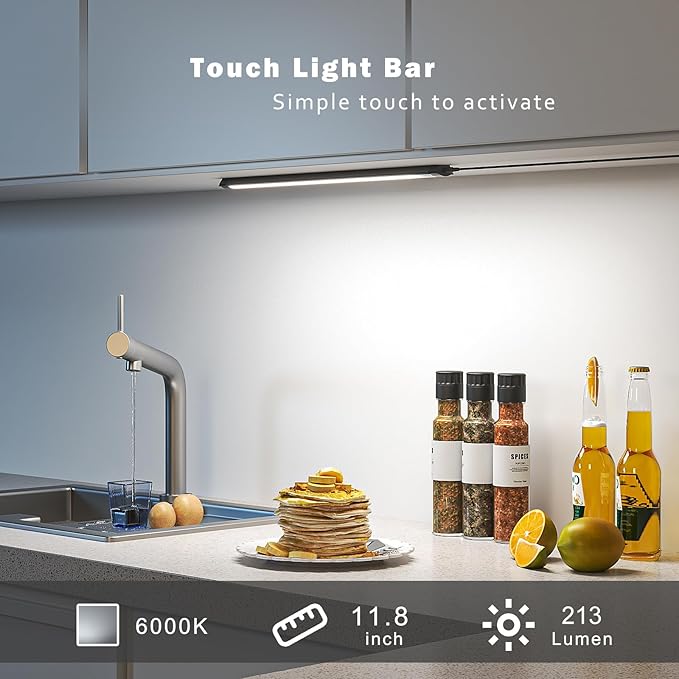 MYPLUS Under Cabinet Lights, 12" Touch Activated and Dimmable Aluminum LED Bar for Kitchen, Workbench and Desk, 3.5W,213 Lumens,Cold White 6000K, Plug-in, Black.