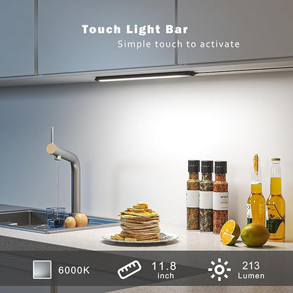 MYPLUS Under Cabinet Lights, 12" Touch Activated and Dimmable Aluminum LED Bar for Kitchen, Workbench and Desk, 3.5W,213 Lumens,Cold White 6000K, Plug-in, Black.